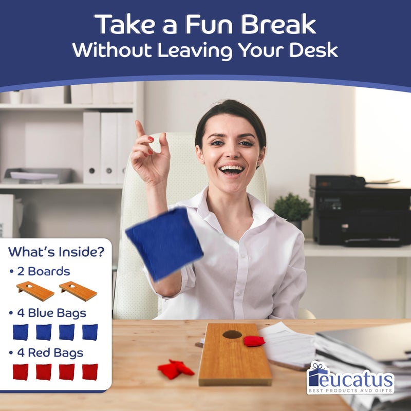 EUCATUS BEST PRODUCTS & GIFTS Super Fun, Portable Mini Desktop Cornhole Set of 2. Coated Wood Boards with 4 Red 4 Blue Bags. Gift for Students, Office Employees or Work from Home. Simple Easy Tabletop Game for Groups or Solo! - Image 4