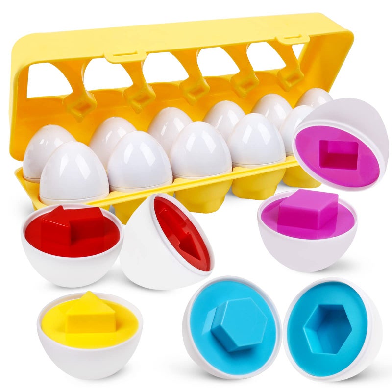 NAODONGLI Montessori Geometric Eggs,12 pcs Set Color & Shape Egg Puzzle Toys Matching Eggs for Toddlers 1-3,Preschool Educational Sorting Game Fine Motor Toy Gifts for Kids Boys Girls - Image 1