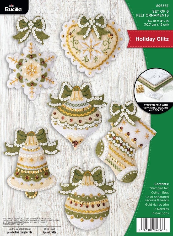Bucilla Felt Applique 6 Piece Ornament Making Kit, Holiday Glitz, Perfect for DIY Arts and Crafts, 89637E - Image 1
