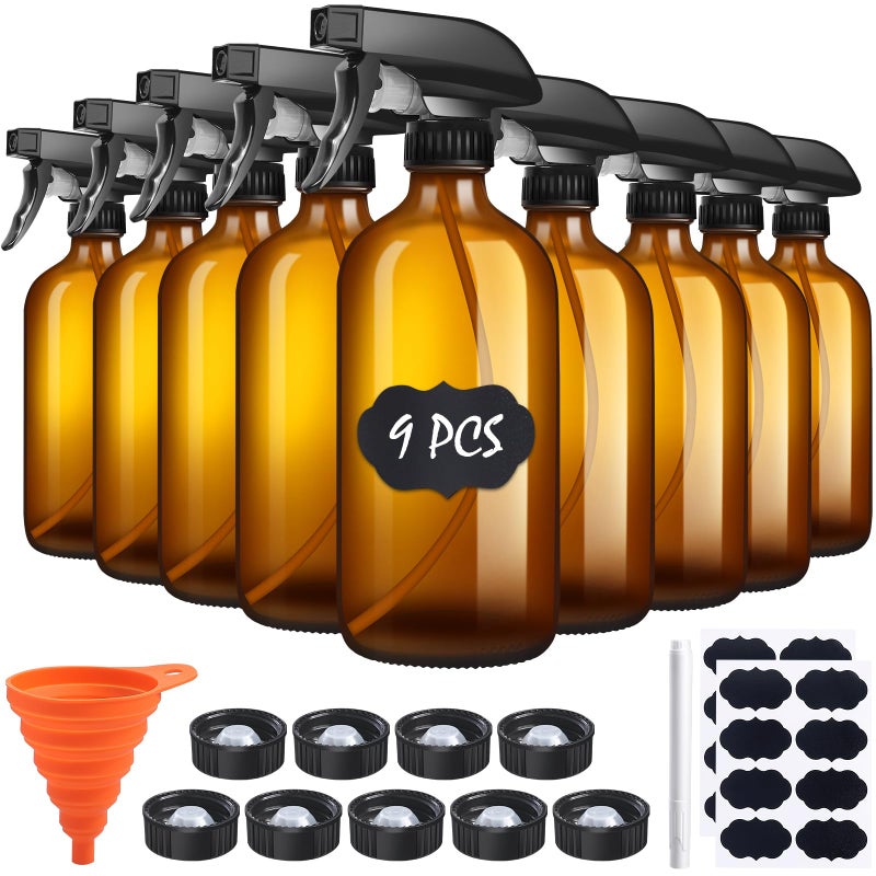sietpoek sietpoek 9 Pack Glass Spray Bottle 16oz Empty Amber Spray Bottle Refillable Container for Essential OilsCleaning ProductsAromatherapy spray device