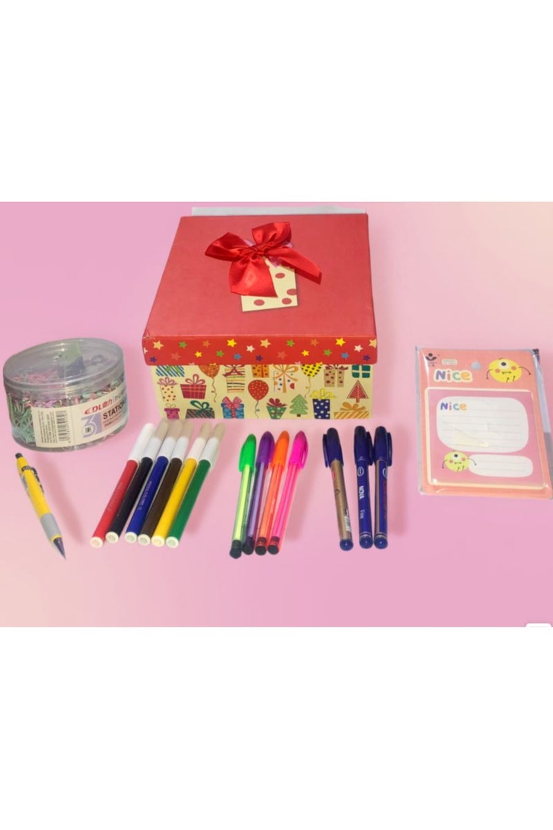 Box School Supplies Set of 16 Pieces (2 Ballpoint Pens + 6 Eraser Pens + 4 Highlighter Pens + 3 Ballpoint Pens + 3 in 1 Paper Clips + 50 Sticky Notes) - Image 1