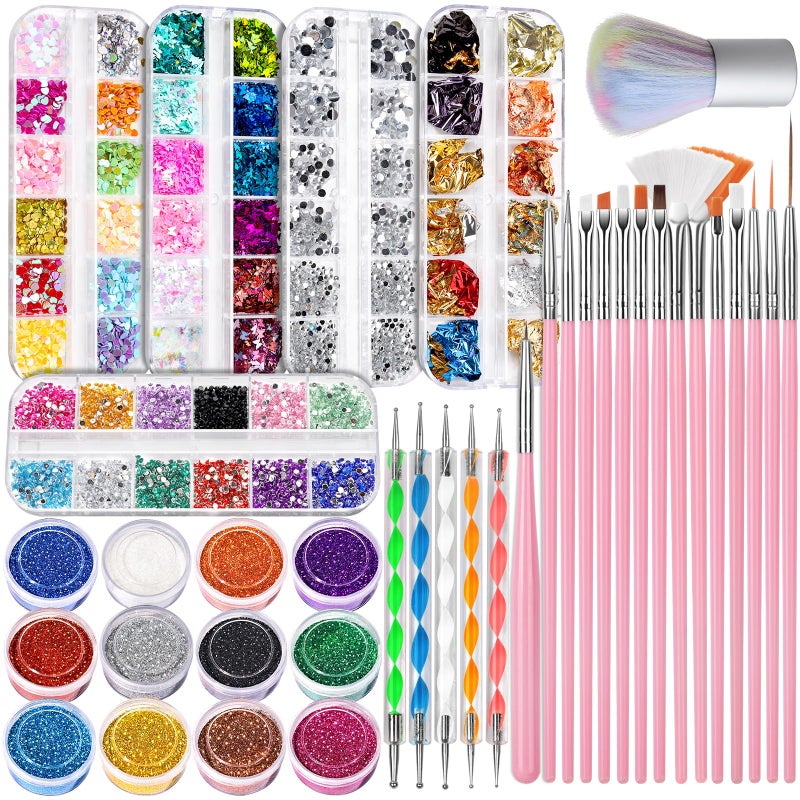 FANDAMEI Nail Art Decoration Kit Design Tools Set with Nail Art Brushes Dotting Tools Fine Glitter Butterfly Heart Sequins Foil Flakes Nail Rhinestones Dust Brush