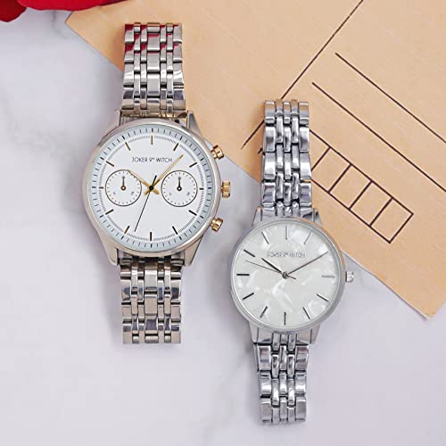 Joker & Witch Stainless Steel Lizzie & Philip Couple Analogue Watches, White Dial, Silver Band - Image 2