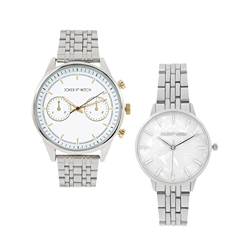 Joker & Witch Stainless Steel Lizzie & Philip Couple Analogue Watches, White Dial, Silver Band - Image 1
