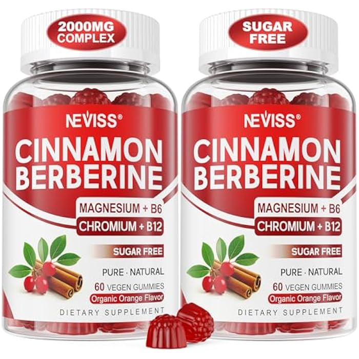 NEVISS Ceylon Cinnamon Berberine Gummies 2000mg Sugar Free, Organic Berberine HCI Supplement with Ceylon Cinnamon, Bitter Melon, Green Tea, Chromium, Magnesium Glycinate & Methyl B12 for Women & Men, 120ct - Image 1
