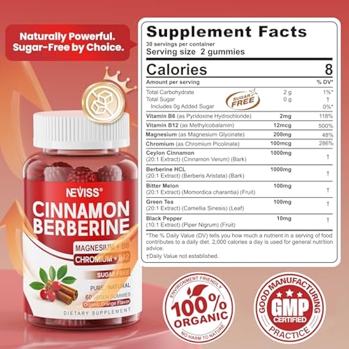 NEVISS Ceylon Cinnamon Berberine Gummies 2000mg Sugar Free, Organic Berberine HCI Supplement with Ceylon Cinnamon, Bitter Melon, Green Tea, Chromium, Magnesium Glycinate & Methyl B12 for Women & Men, 120ct - Image 2