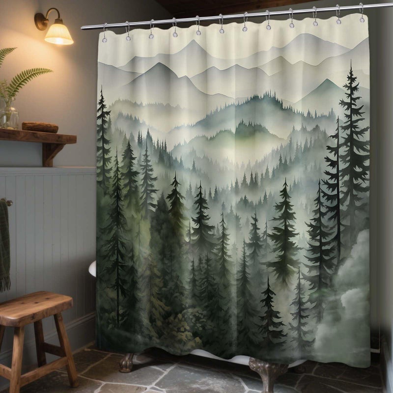 QGHOT Mountain Shower Curtain Green Forest Nature Shower Curtains for Bathroom Rustic Woodland Pine Tree Landscape Bath Decor Sets, Waterproof Polyester Fabric with Hooks, 70x72in - Image 2