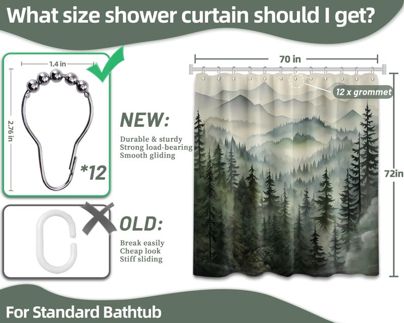 QGHOT Mountain Shower Curtain Green Forest Nature Shower Curtains for Bathroom Rustic Woodland Pine Tree Landscape Bath Decor Sets, Waterproof Polyester Fabric with Hooks, 70x72in - Image 5