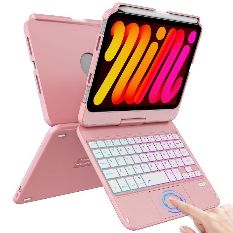 FUWANG Touchpad Keyboard Case for iPad mini 7 A17 Pro 2024 Mini 6th Generation 2021 83 inch 360 Rotate 7 Color Backlit Keyboard for iPad mini 7th 6th Generation with Pencil Holder Rose Gold