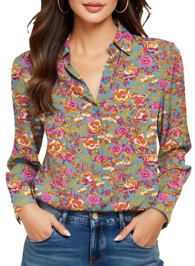 COUXILY Soft Non-Iron & Wrinkle-Free Womens Button Down Shirts with Mulberry Silk Long Sleeve Blouse Casual Work Tops, S04 Floral 02, L - Image 1