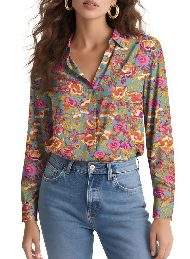 COUXILY Soft Non-Iron & Wrinkle-Free Womens Button Down Shirts with Mulberry Silk Long Sleeve Blouse Casual Work Tops, S04 Floral 02, L - Image 2