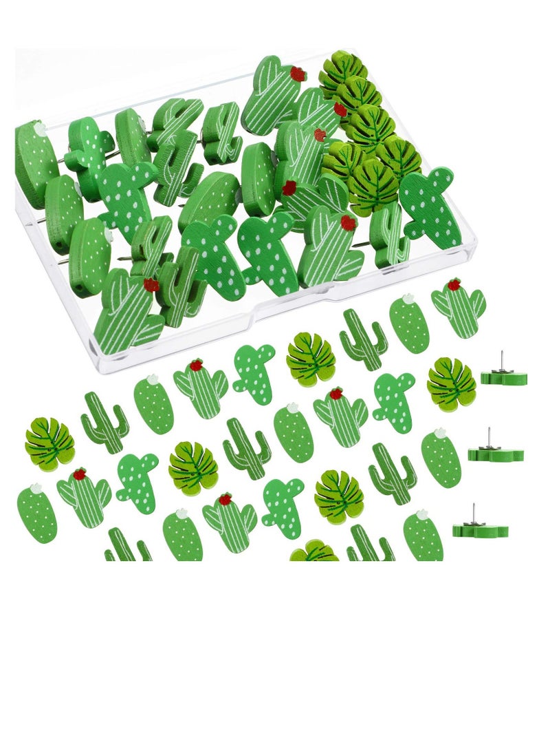 SYOSI دبابيس خشبية، دبابيس إبهام على شكل أوراق نخيل الصبار، دبابيس إبهام لطيفة مزخرفة لتعليق الصور على الحائط، أو الخرائط، أو لوحة الإعلانات، أو لوحات الفلين (50 قطعة) - Image 1