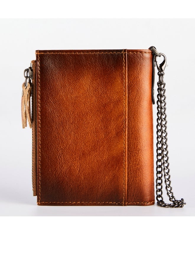 Dante Cowhide RFID Anti-theft Card Swiping Wallet, Driver's License Chain Zipper Coin Purse Yellow Brown - Image 1