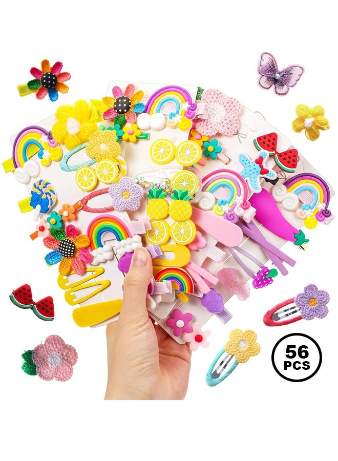 56Pcs Hair Accessories for Girls, Baby Hair Clips, Cute Non Slip Hair Barrettes, Starfish Calf Flower Fruit Dessert Butterfly Candy Patterns Hair Pins for Toddlers (Summer Style) - Image 1