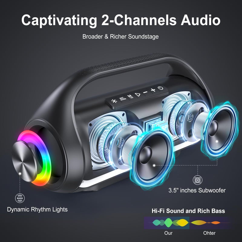 HWWR Bluetooth Speaker, IPX5 Waterproof Portable Bluetooth Speaker with Powerful Bass & LED Lights, BT5.3, Wireless Stereo Pairing for Home Party, Beach, Outdoor Camping, Support USB/TF Card/AUX/TWS - Image 2