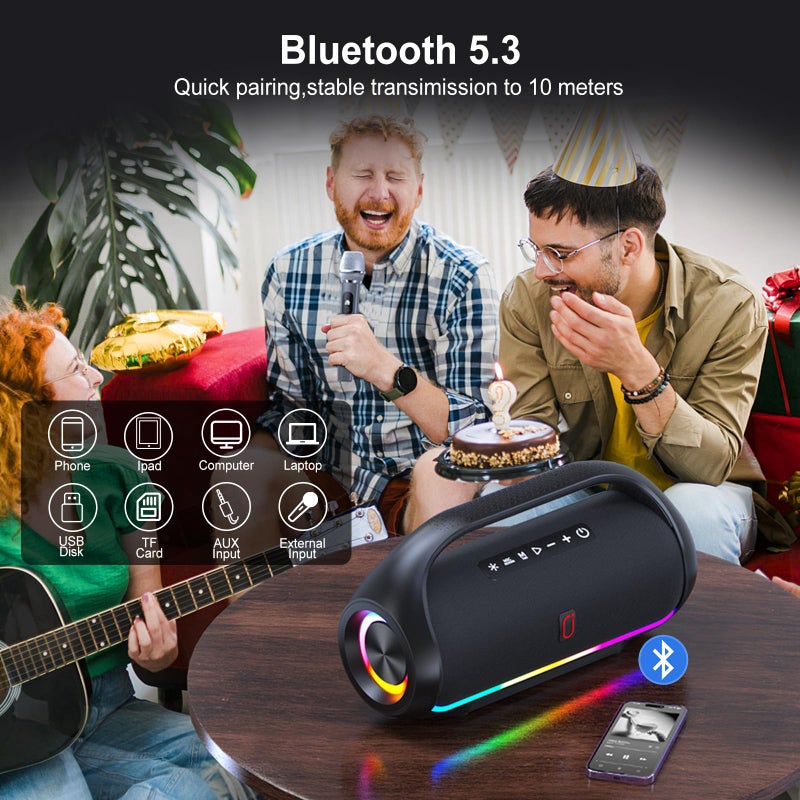 HWWR Bluetooth Speaker, IPX5 Waterproof Portable Bluetooth Speaker with Powerful Bass & LED Lights, BT5.3, Wireless Stereo Pairing for Home Party, Beach, Outdoor Camping, Support USB/TF Card/AUX/TWS - Image 4
