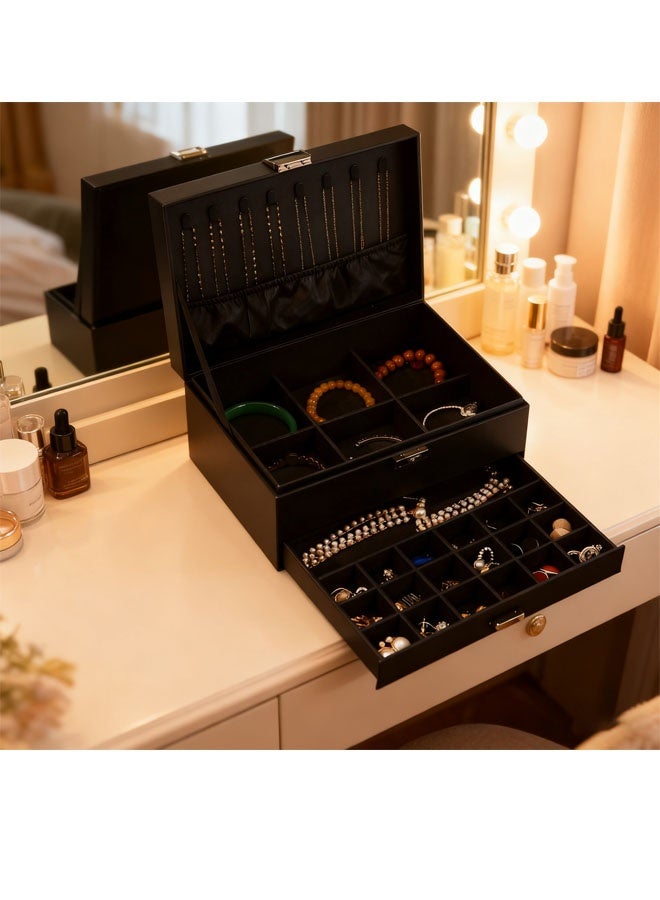 Bukela Jewelry Box Organizer for Women Girls,3-Layer Jewelry Organizer with Lock and Drawer,Portable Jewellery Holder Removable Grids Tray Storage Case for Earring Rings Necklaces Bracelets Sunglasses - Image 3
