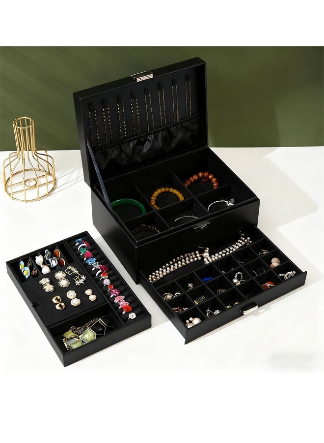 Bukela Jewelry Box Organizer for Women Girls,3-Layer Jewelry Organizer with Lock and Drawer,Portable Jewellery Holder Removable Grids Tray Storage Case for Earring Rings Necklaces Bracelets Sunglasses - Image 1