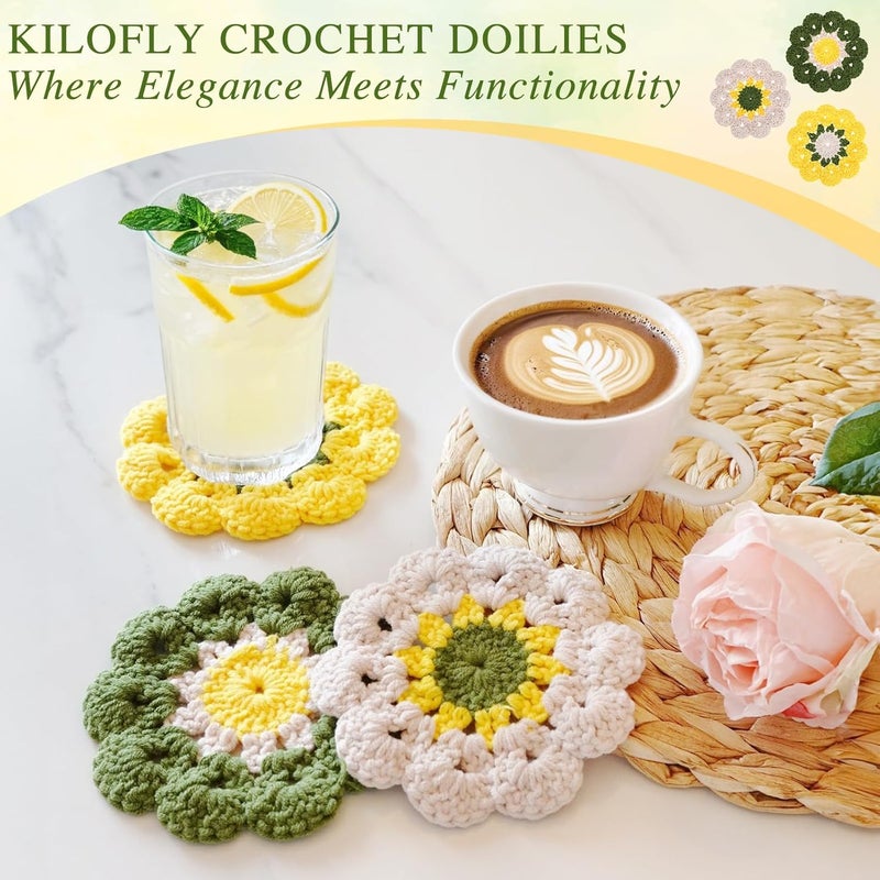 kilofly 6 pc Flower Crochet Coasters for Drinks 12cm 4.7" Handmade Doilies Set - Image 5