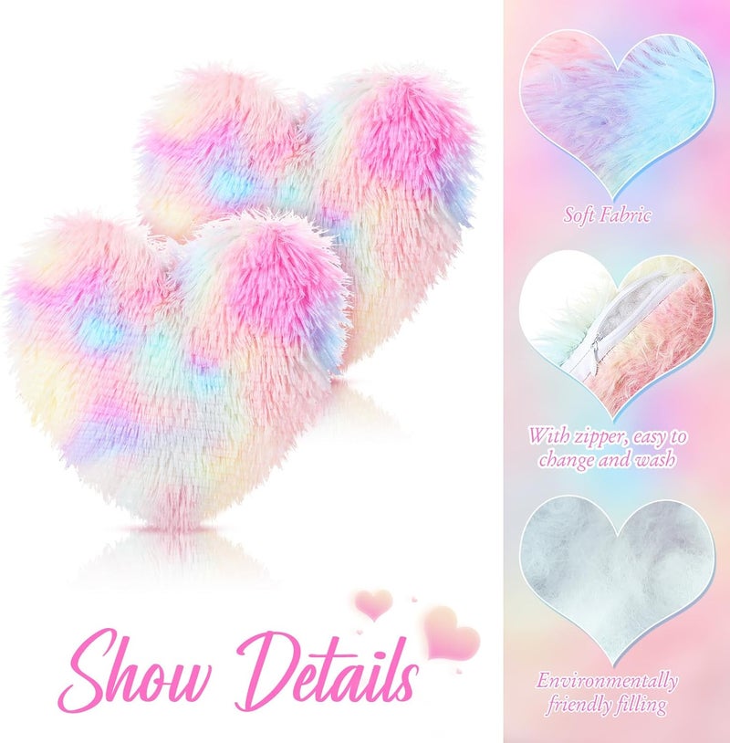 Marsui 2 Pcs Fluffy Heart Shaped Plush Pillow Cute Throw Cushion Stuffed Heart Decorative Pillow Toy Gift for Chair Sofa Living RoomLong PlushColorful - Image 5