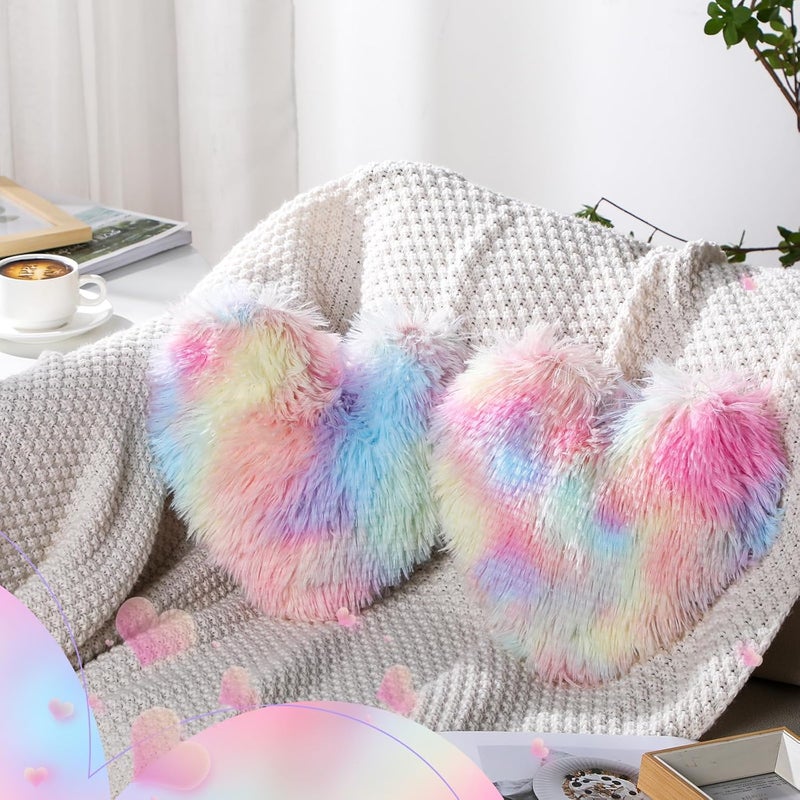 Marsui 2 Pcs Fluffy Heart Shaped Plush Pillow Cute Throw Cushion Stuffed Heart Decorative Pillow Toy Gift for Chair Sofa Living RoomLong PlushColorful - Image 4