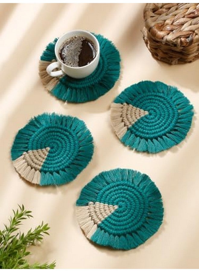 My Creative Hut Macrame Set of 4 Round Coasters Bohemian Style, Handmade, More Absorbent, Traditional, Diwali Gifting, Multipurpose, Big Size (Teal Beige) - Image 1