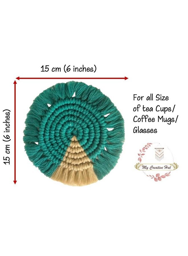 My Creative Hut Macrame Set of 4 Round Coasters Bohemian Style, Handmade, More Absorbent, Traditional, Diwali Gifting, Multipurpose, Big Size (Teal Beige) - Image 2