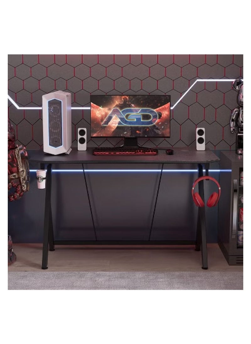 AGD Gaming Desk 120 cm, Small Gaming Desk, Gift Idea, PC Computer Desk, Home Office Desk Workstation with Carbon Fiber Surface, Gaming Table with Headphone Hook and Cup Holder  - Image 4