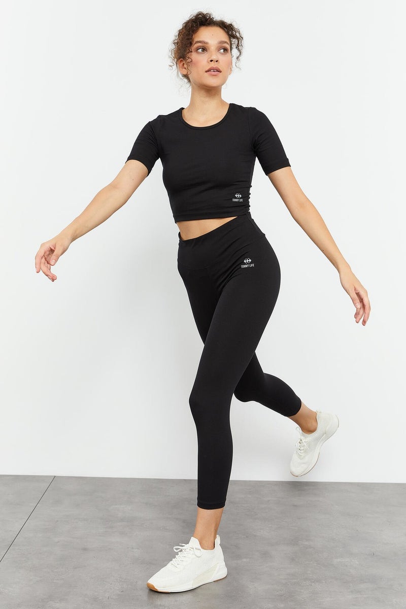 Tommy Life Black Women's High Waist Capri-Crop T-Shirt Slim Fit Leggings Set - 95285  - Image 4