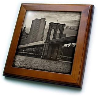 3DROSE 3dRose ft_98343_1 Brooklyn Bridge, East River, Part of NYC Skyline in Sepia-Framed Tile, 8 by 8-Inch  - Image 1