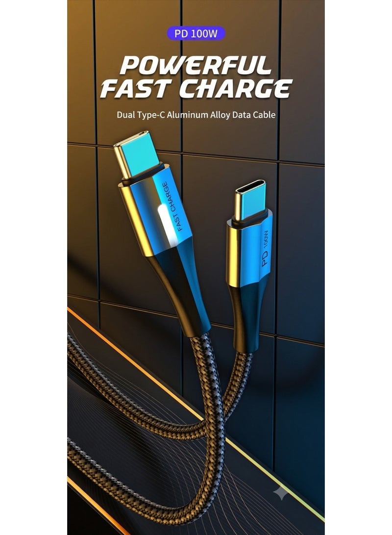 كابل شحن سريع USB-C إلى USB-C بقوة 100 واط مع تقنية PD، كابل مضفر من النايلون يدعم نقل البيانات والشحن السريع لأجهزة اللابتوب والهواتف والأجهزة اللوحية وأجهزة الألعاب - Image 1
