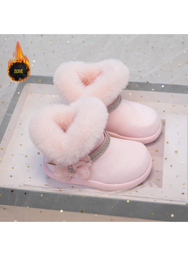 Girls' Snow Boots With Fleece Lining, Winter Warm Thickened Children's Short Boots, Non-slip Slip-on Princess Boots With Large Cotton