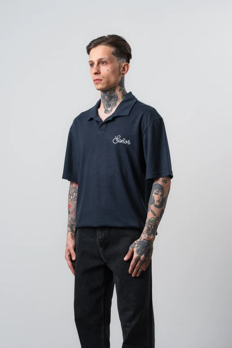 RESPIRE Men's Senior Print Polo Collar Regular Fit T-Shirt Navy Blue