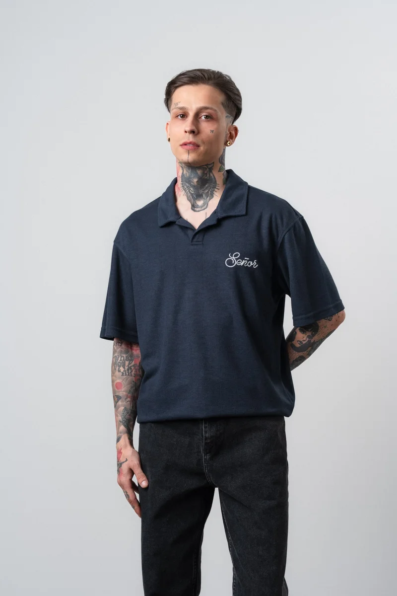 Respire Men's Senior Print Polo Collar Regular Fit T-Shirt Navy Blue