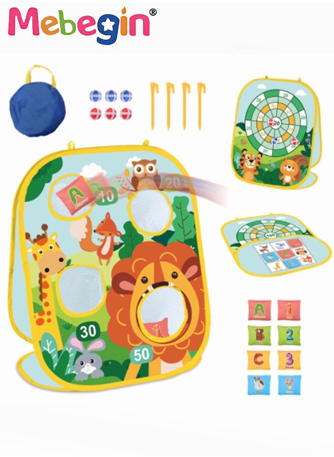 MEBEGIN 3 In 1 Toss Game Kit with Storage Bag, 8 Beanbags, 6 Balls and Other Accessaries, Foldable Portable Tossing Game Board, Sandbag Throwing, Dart Board and Tic Tac Toe, Creative Dart Board Set for Kids and Family Activities, Perfect Indoor Outdoor Toy  - Image 1