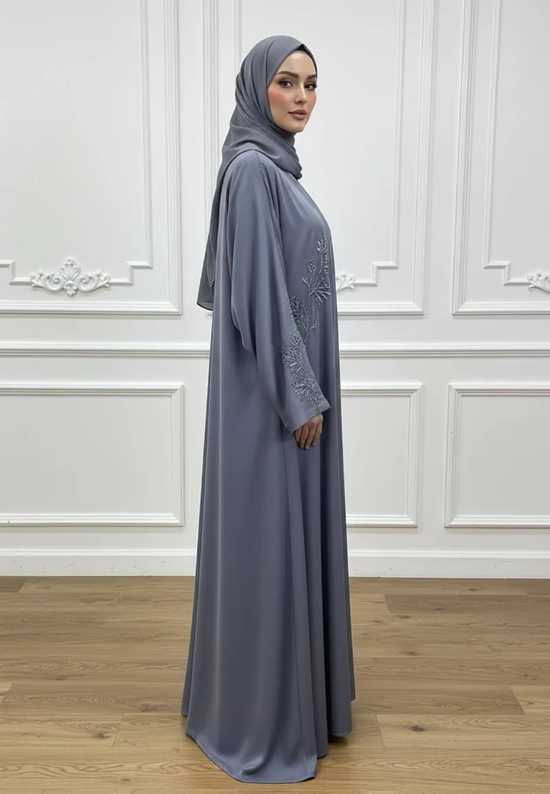 النخبة Midnight Flora: Premium Nida Abaya with Pastel Vine Embroidery-826