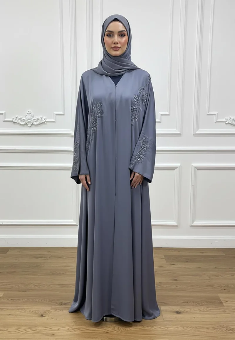 Midnight Flora: Premium Nida Abaya with Pastel Vine Embroidery-826