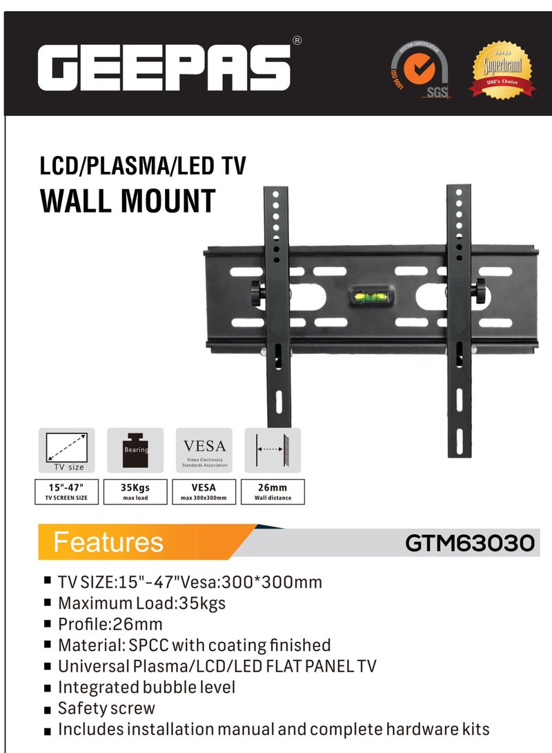 GEEPAS TV Wall Mount for LCD/PLASMA/LED Television, Premium Quality, Heavy Duty for 15 Inches To 47 Inches TV Screen Size and 35 KG Maximum Load | Integrated Bubble Level and Safety Screw Black - Image 4