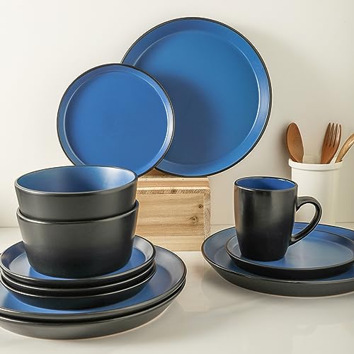 Stone Lain Albie Stoneware 16-Piece Modern Dinnerware Set, Kitchen Plates and Bowls Sets, Dish Set for 4, Blue and Black - Image 2