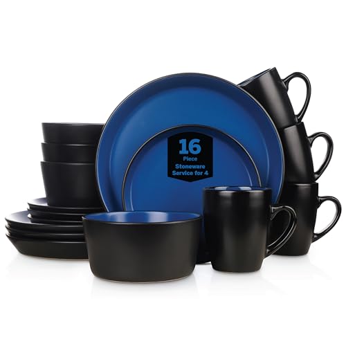 Stone Lain Albie Stoneware 16-Piece Modern Dinnerware Set, Kitchen Plates and Bowls Sets, Dish Set for 4, Blue and Black - Image 1