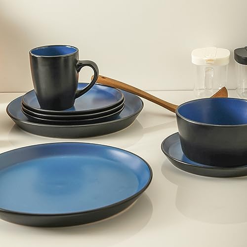 Stone Lain Albie Stoneware 16-Piece Modern Dinnerware Set, Kitchen Plates and Bowls Sets, Dish Set for 4, Blue and Black - Image 3