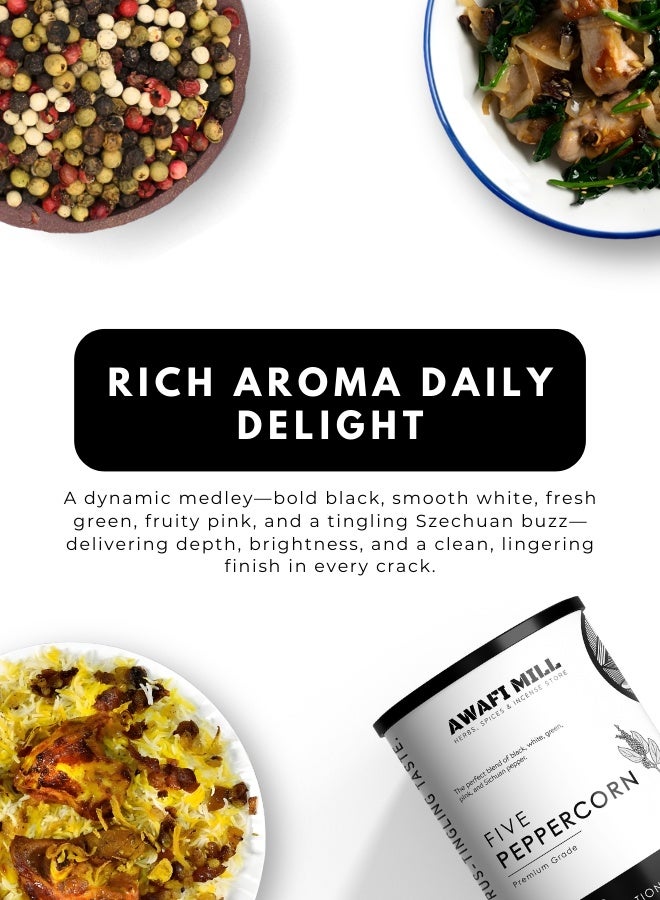 أباميك مزيج عوافي ميل من خمسة أنواع من الفلفل - فلفل أسود، أبيض، أخضر، وردي، وفلفل سيتشوان | مزيج فلفل كامل للمطاحن، شرائح اللحم، المعكرونة، السلطات، الصلصات، والأطباق النهائية - ١٠٠ غرام | ٣.٥ أونصة - Image 4