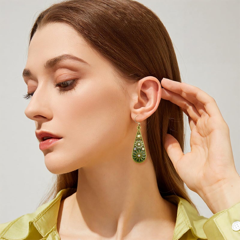 CZMZHFC Bohemian Crystal Teardrop Pendant Earring,Vintage Olive Green Hollow Out Flower Floral Dangle Earrings,National Style Geometry Enamel Flower Hook Earrings,Handmade Ethnic Statement Jewelry for Women - Image 5