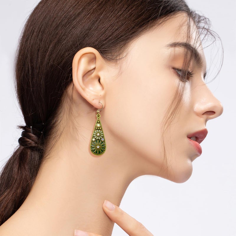 CZMZHFC Bohemian Crystal Teardrop Pendant Earring,Vintage Olive Green Hollow Out Flower Floral Dangle Earrings,National Style Geometry Enamel Flower Hook Earrings,Handmade Ethnic Statement Jewelry for Women - Image 4