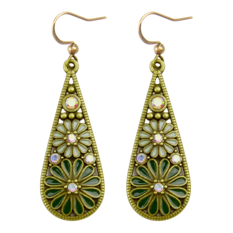 CZMZHFC Bohemian Crystal Teardrop Pendant Earring,Vintage Olive Green Hollow Out Flower Floral Dangle Earrings,National Style Geometry Enamel Flower Hook Earrings,Handmade Ethnic Statement Jewelry for Women - Image 1