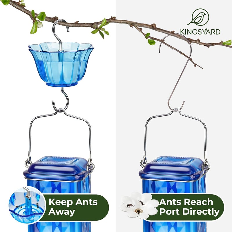 Kingsyard مغذي للطيور من نوع Kingsyard Glass Hummingbird Feeder، مخصص للتعليق في الهواء الطلق، وزنه 24 أونصة، يحتوي على 6 فتحات لتغذية الطيور، مصمم لزينة الحدائق، يشمل حاجزًا لصد النمل، اللون أزرق. - Image 4