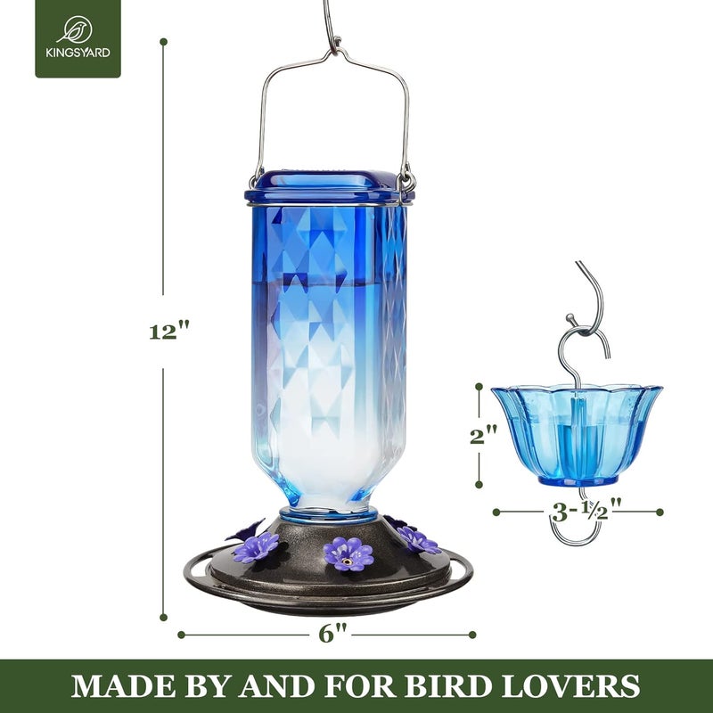 Kingsyard مغذي للطيور من نوع Kingsyard Glass Hummingbird Feeder، مخصص للتعليق في الهواء الطلق، وزنه 24 أونصة، يحتوي على 6 فتحات لتغذية الطيور، مصمم لزينة الحدائق، يشمل حاجزًا لصد النمل، اللون أزرق. - Image 5