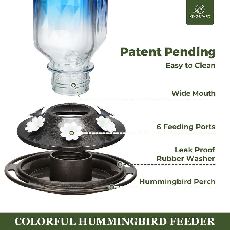 Kingsyard مغذي للطيور من نوع Kingsyard Glass Hummingbird Feeder، مخصص للتعليق في الهواء الطلق، وزنه 24 أونصة، يحتوي على 6 فتحات لتغذية الطيور، مصمم لزينة الحدائق، يشمل حاجزًا لصد النمل، اللون أزرق. - Image 3