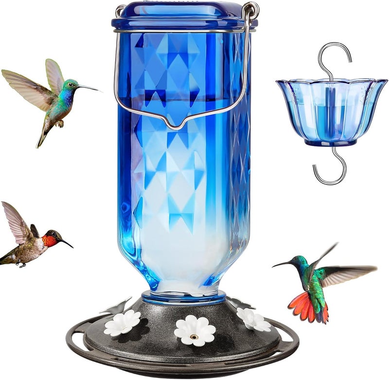 Kingsyard مغذي للطيور من نوع Kingsyard Glass Hummingbird Feeder، مخصص للتعليق في الهواء الطلق، وزنه 24 أونصة، يحتوي على 6 فتحات لتغذية الطيور، مصمم لزينة الحدائق، يشمل حاجزًا لصد النمل، اللون أزرق. - Image 1