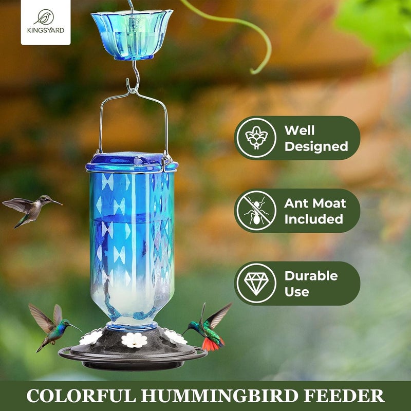 Kingsyard مغذي للطيور من نوع Kingsyard Glass Hummingbird Feeder، مخصص للتعليق في الهواء الطلق، وزنه 24 أونصة، يحتوي على 6 فتحات لتغذية الطيور، مصمم لزينة الحدائق، يشمل حاجزًا لصد النمل، اللون أزرق. - Image 2